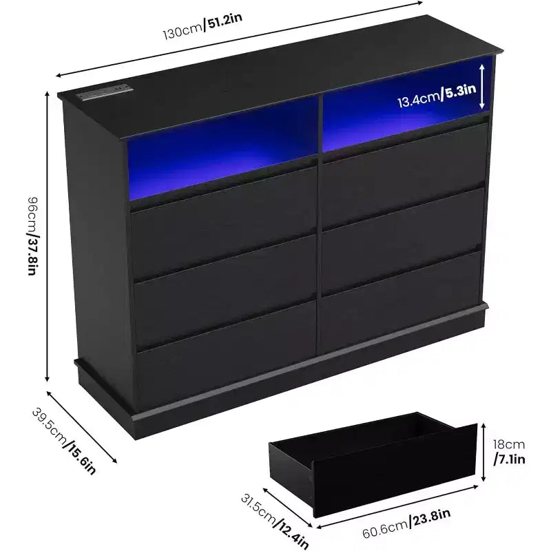 Cómoda blanca para dormitorio, cómoda de 6 cajones con luces LED y estación de carga, para sala de estar, pasillo