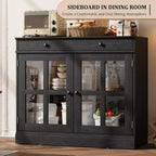Mueble de almacenamiento para cocina, aparador bufé con 2 puertas de cristal, cajón de madera, panel trasero de MDF, mueble de barra de café moderno con estante ajustable