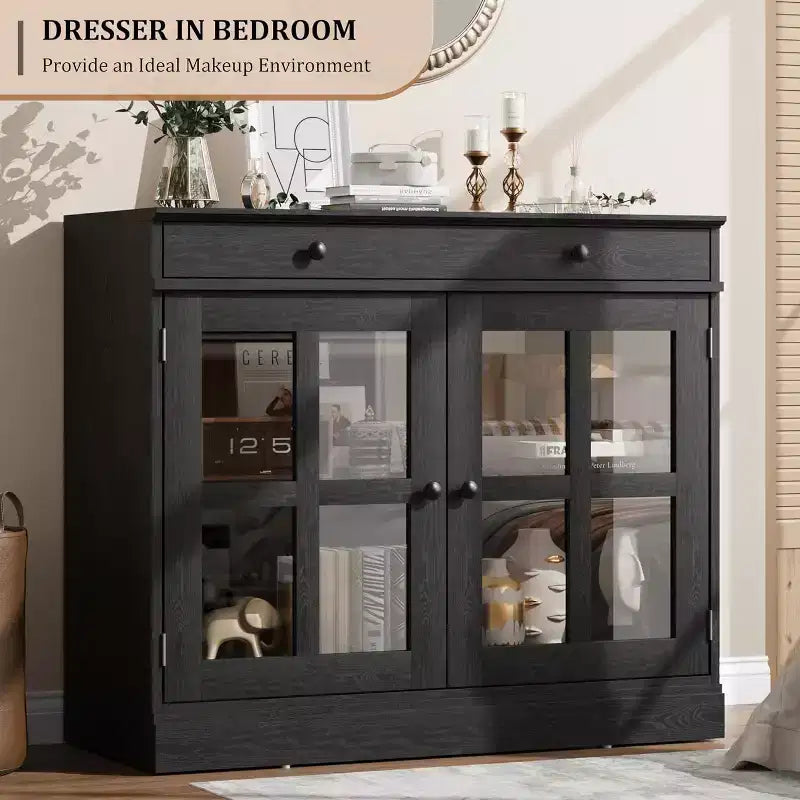 Mueble de almacenamiento para cocina, aparador bufé con 2 puertas de cristal, cajón de madera, panel trasero de MDF, mueble de barra de café moderno con estante ajustable