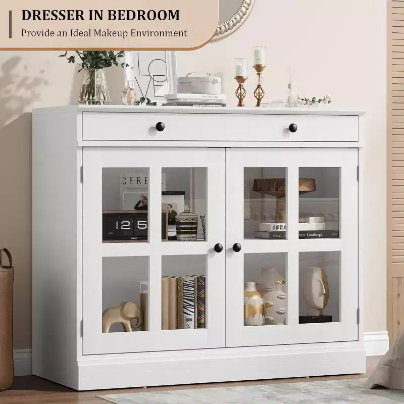 Mueble de almacenamiento para cocina, aparador bufé con 2 puertas de cristal, cajón de madera, panel trasero de MDF, mueble de barra de café moderno con estante ajustable
