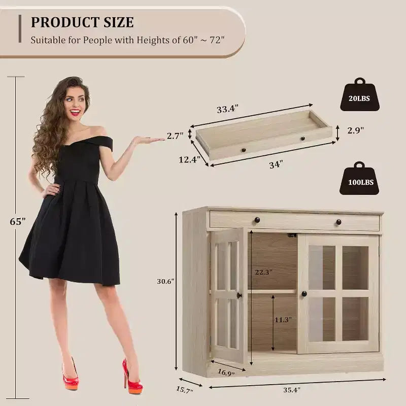 Mueble de almacenamiento para cocina, aparador bufé con 2 puertas de cristal, cajón de madera, panel trasero de MDF, mueble de barra de café moderno con estante ajustable