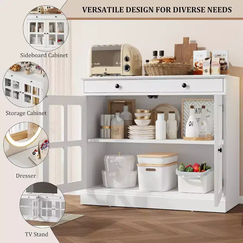 Mueble de almacenamiento para cocina, aparador bufé con 2 puertas de cristal, cajón de madera, panel trasero de MDF, mueble de barra de café moderno con estante ajustable