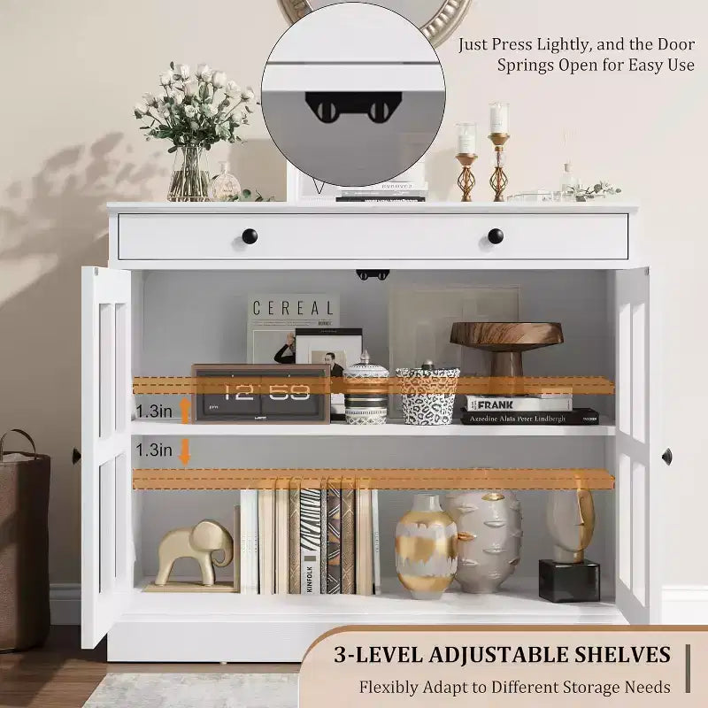 Mueble de almacenamiento para cocina, aparador bufé con 2 puertas de cristal, cajón de madera, panel trasero de MDF, mueble de barra de café moderno con estante ajustable