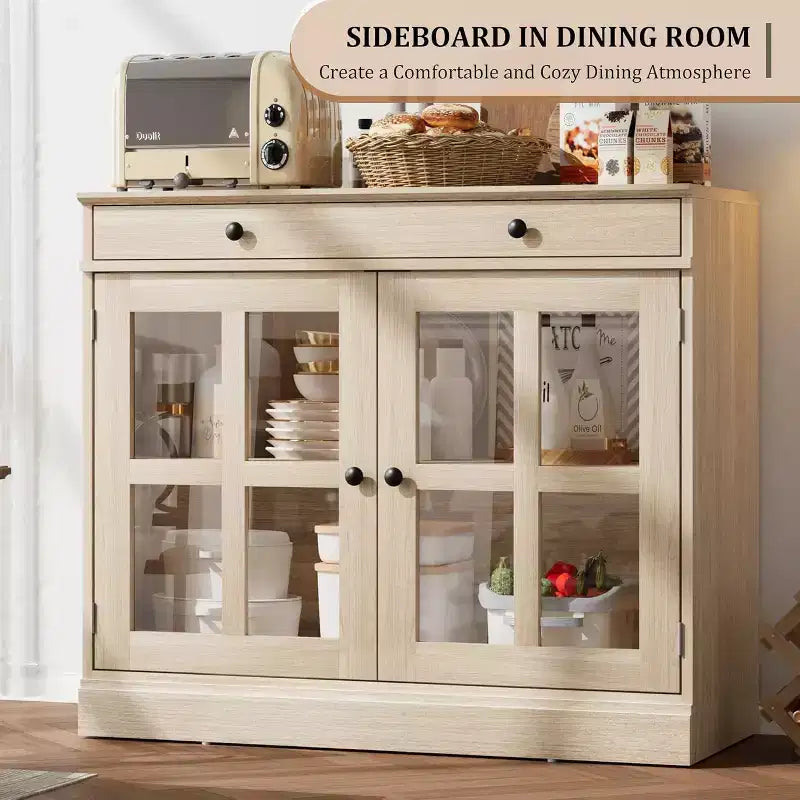 Mueble de almacenamiento para cocina, aparador bufé con 2 puertas de cristal, cajón de madera, panel trasero de MDF, mueble de barra de café moderno con estante ajustable