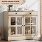 Mueble de almacenamiento para cocina, aparador bufé con 2 puertas de cristal, cajón de madera, panel trasero de MDF, mueble de barra de café moderno con estante ajustable