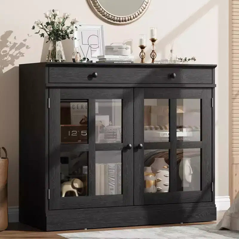 Mueble de almacenamiento para cocina, aparador bufé con 2 puertas de cristal, cajón de madera, panel trasero de MDF, mueble de barra de café moderno con estante ajustable