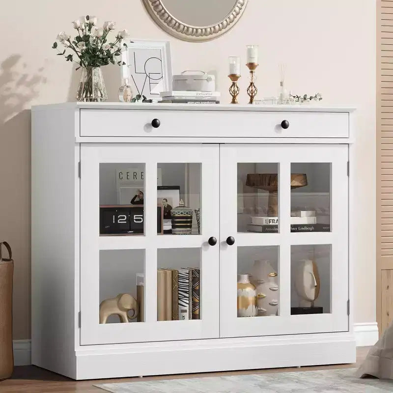 Mueble de almacenamiento para cocina, aparador bufé con 2 puertas de cristal, cajón de madera, panel trasero de MDF, mueble de barra de café moderno con estante ajustable