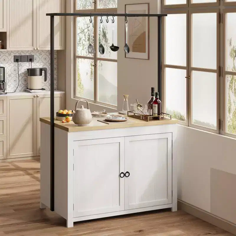 Isla de cocina de 42 pulgadas con almacenamiento, mesa de isla multifuncional con estantes de 2 niveles, encimera de cocina con 5 ganchos, blanco y natural