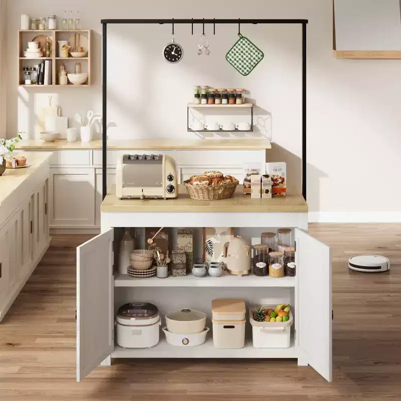 Isla de cocina de 42 pulgadas con almacenamiento, mesa de isla multifuncional con estantes de 2 niveles, encimera de cocina con 5 ganchos, blanco y natural