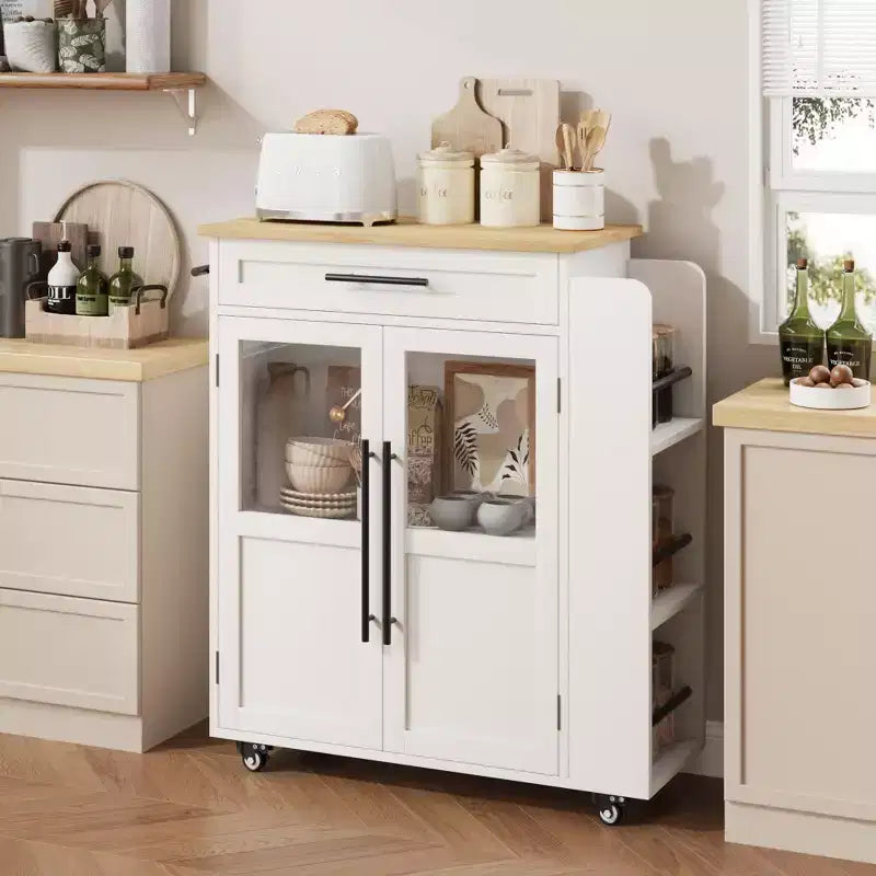 Isla de cocina de madera con ruedas y cajones, carro de cocina con armario de almacenamiento sobre ruedas, isla de carrito con encimera de madera más gruesa y 3 estantes para especias