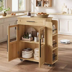 Isla de cocina de madera con ruedas y cajones, carro de cocina con armario de almacenamiento sobre ruedas, isla de carrito con encimera de madera más gruesa y 3 estantes para especias