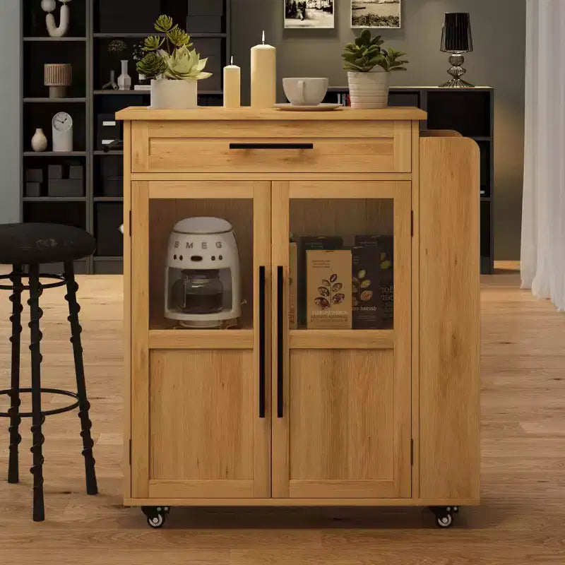 Isla de cocina de madera con ruedas y cajones, carro de cocina con armario de almacenamiento sobre ruedas, isla de carrito con encimera de madera más gruesa y 3 estantes para especias
