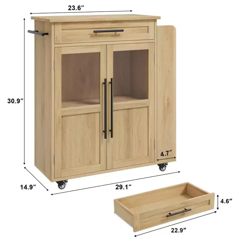 Isla de cocina de madera con ruedas y cajones, carro de cocina con armario de almacenamiento sobre ruedas, isla de carrito con encimera de madera más gruesa y 3 estantes para especias