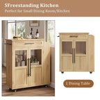 Isla de cocina de madera con ruedas y cajones, carro de cocina con armario de almacenamiento sobre ruedas, isla de carrito con encimera de madera más gruesa y 3 estantes para especias