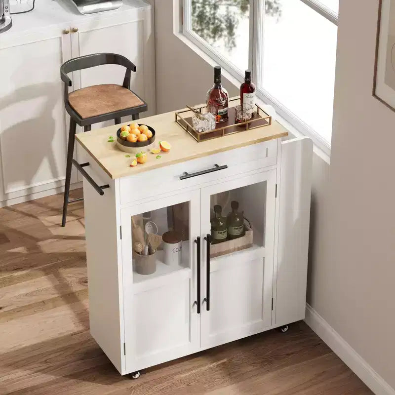 Isla de cocina de madera con ruedas y cajones, carro de cocina con armario de almacenamiento sobre ruedas, isla de carrito con encimera de madera más gruesa y 3 estantes para especias