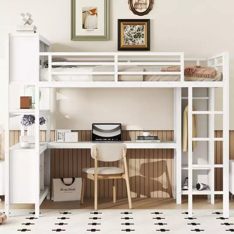 Cama alta Okak de tamaño matrimonial/queen con armario y escritorio en forma de L, literas de metal de alta resistencia con almacenamiento, camas altas para adolescentes y adultos