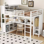 Cama alta Okak de tamaño matrimonial/queen con armario y escritorio en forma de L, literas de metal de alta resistencia con almacenamiento, camas altas para adolescentes y adultos