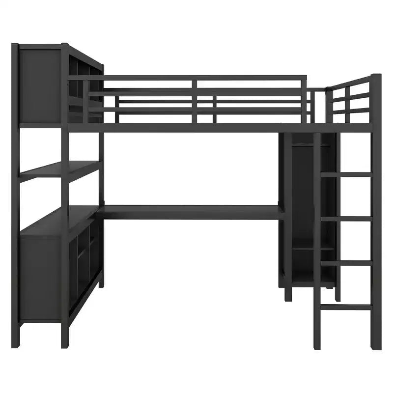 Cama alta Okak de tamaño matrimonial/queen con armario y escritorio en forma de L, literas de metal de alta resistencia con almacenamiento, camas altas para adolescentes y adultos