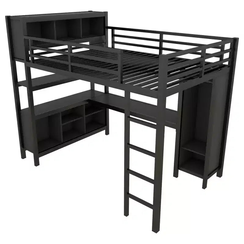 Cama alta Okak de tamaño matrimonial/queen con armario y escritorio en forma de L, literas de metal de alta resistencia con almacenamiento, camas altas para adolescentes y adultos