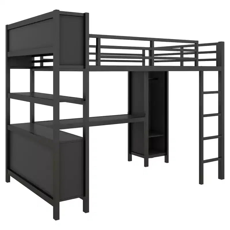 Cama alta Okak de tamaño matrimonial/queen con armario y escritorio en forma de L, literas de metal de alta resistencia con almacenamiento, camas altas para adolescentes y adultos