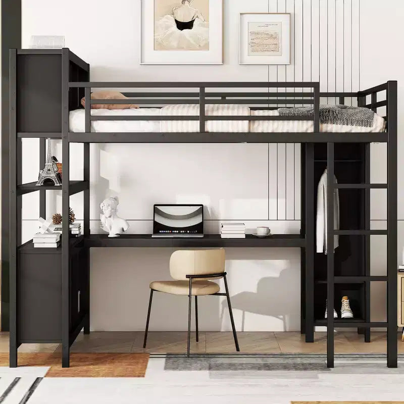 Cama alta Okak de tamaño matrimonial/queen con armario y escritorio en forma de L, literas de metal de alta resistencia con almacenamiento, camas altas para adolescentes y adultos
