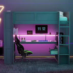 Cama alta de madera Okak, individual/matrimonial, con escritorio y estantes de almacenamiento múltiple, litera con luces LED, estación de carga, camas altas multifuncionales para niños y adolescentes