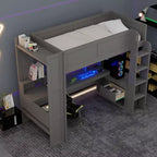 Cama alta de madera Okak, individual/matrimonial, con escritorio y estantes de almacenamiento múltiple, litera con luces LED, estación de carga, camas altas multifuncionales para niños y adolescentes