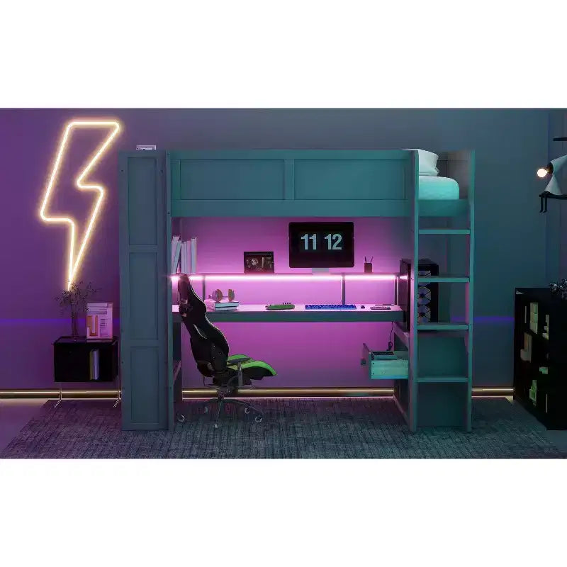 Cama alta de madera Okak, individual/matrimonial, con escritorio y estantes de almacenamiento múltiple, litera con luces LED, estación de carga, camas altas multifuncionales para niños y adolescentes