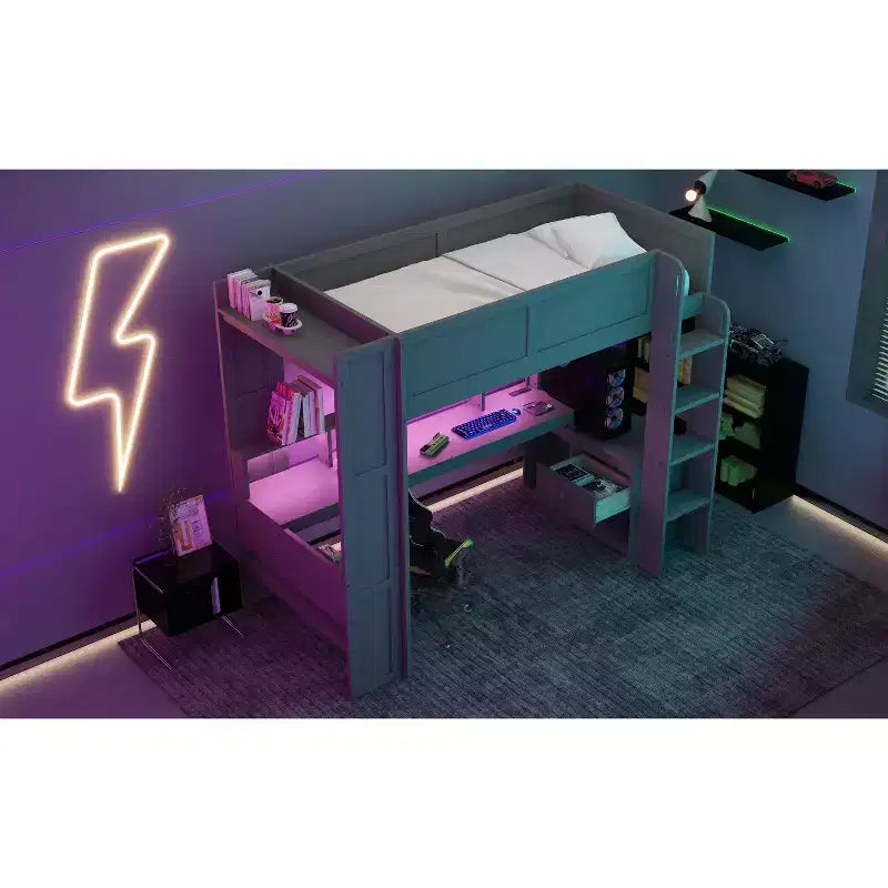 Cama alta de madera Okak, individual/matrimonial, con escritorio y estantes de almacenamiento múltiple, litera con luces LED, estación de carga, camas altas multifuncionales para niños y adolescentes