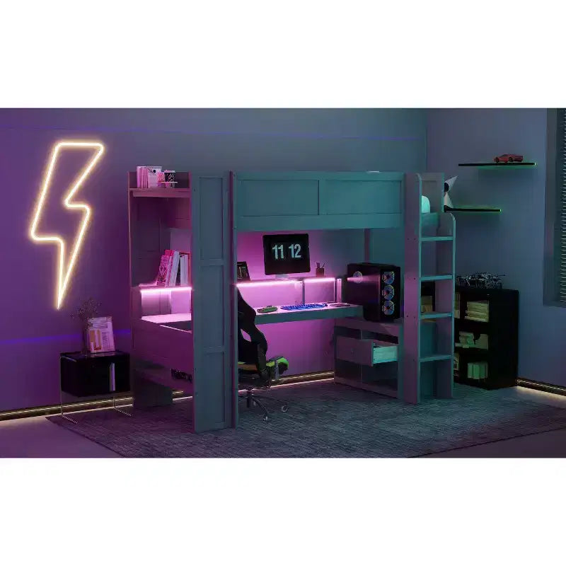 Cama alta de madera Okak, individual/matrimonial, con escritorio y estantes de almacenamiento múltiple, litera con luces LED, estación de carga, camas altas multifuncionales para niños y adolescentes