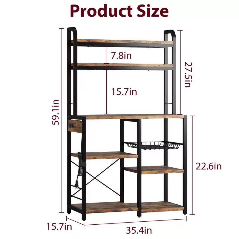 Estantería de panadero de 6 niveles con toma de corriente, soporte para microondas y mesa de café para almacenamiento de especias y sartenes en la cocina