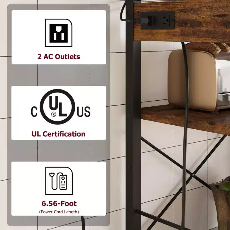 Estantería de panadero de 6 niveles con toma de corriente, soporte para microondas y mesa de café para almacenamiento de especias y sartenes en la cocina