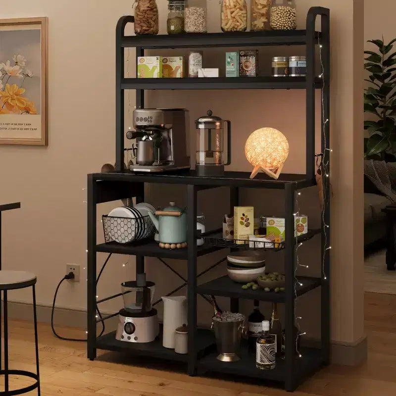 Estantería de panadero de 6 niveles con toma de corriente, soporte para microondas y mesa de café para almacenamiento de especias y sartenes en la cocina
