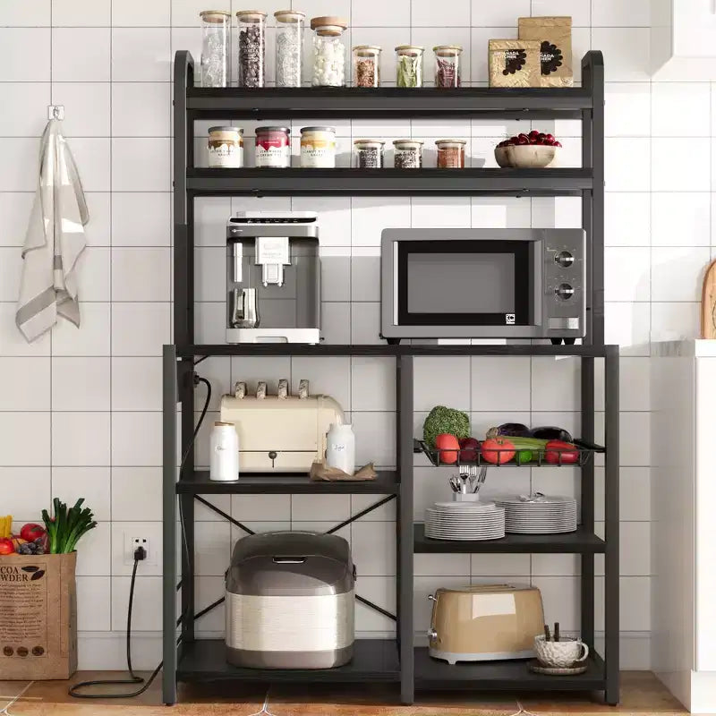 Estantería de panadero de 6 niveles con toma de corriente, soporte para microondas y mesa de café para almacenamiento de especias y sartenes en la cocina