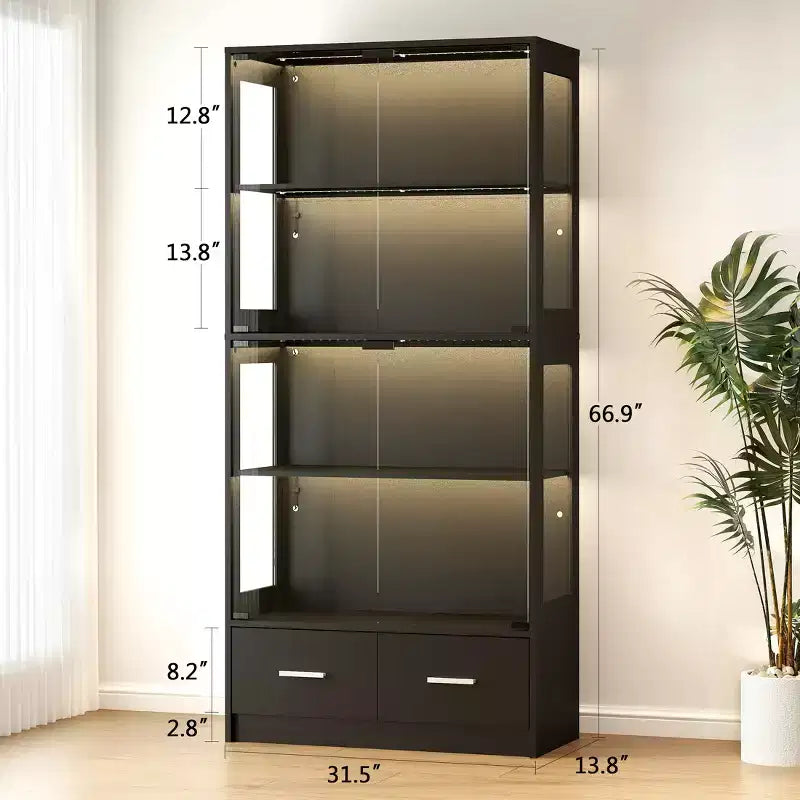 Vitrina de Cristal Skyzoo de 5 Niveles con Luces LED y Estantes Ajustables y 2 Cajones, Vitrina para Hogar y Oficina