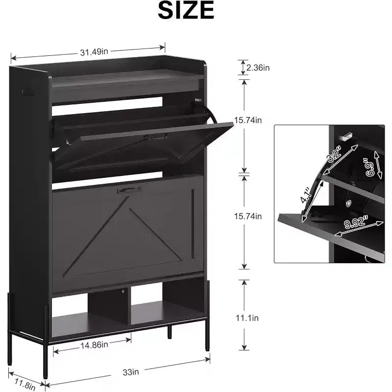 Mueble Zapatero Whizmax de 2 Cajones, Organizador Independiente para Entrada con Puertas Abatibles, Patas Metálicas, Zapatero Estrecho para Almacenamiento con Separación en Seco/Húmedo