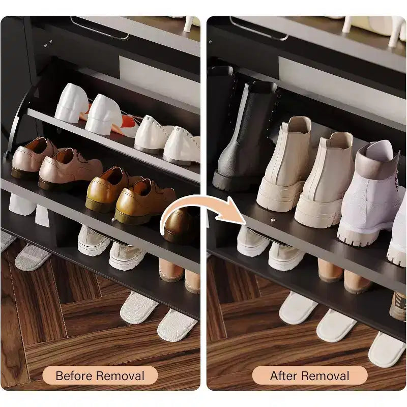 Mueble Zapatero Whizmax de 2 Cajones, Organizador Independiente para Entrada con Puertas Abatibles, Patas Metálicas, Zapatero Estrecho para Almacenamiento con Separación en Seco/Húmedo