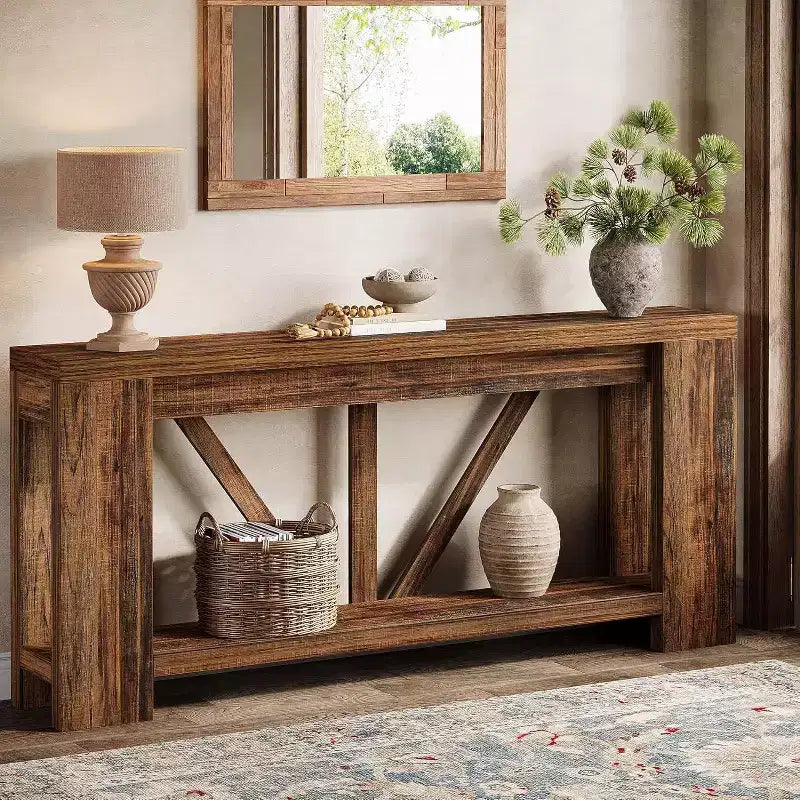 Mesa consola larga Lantine de 70.9 pulgadas, mesa de sofá de 2 niveles estilo rústico para detrás del sofá, consola de entrada grande con almacenamiento para pasillo, vestíbulo