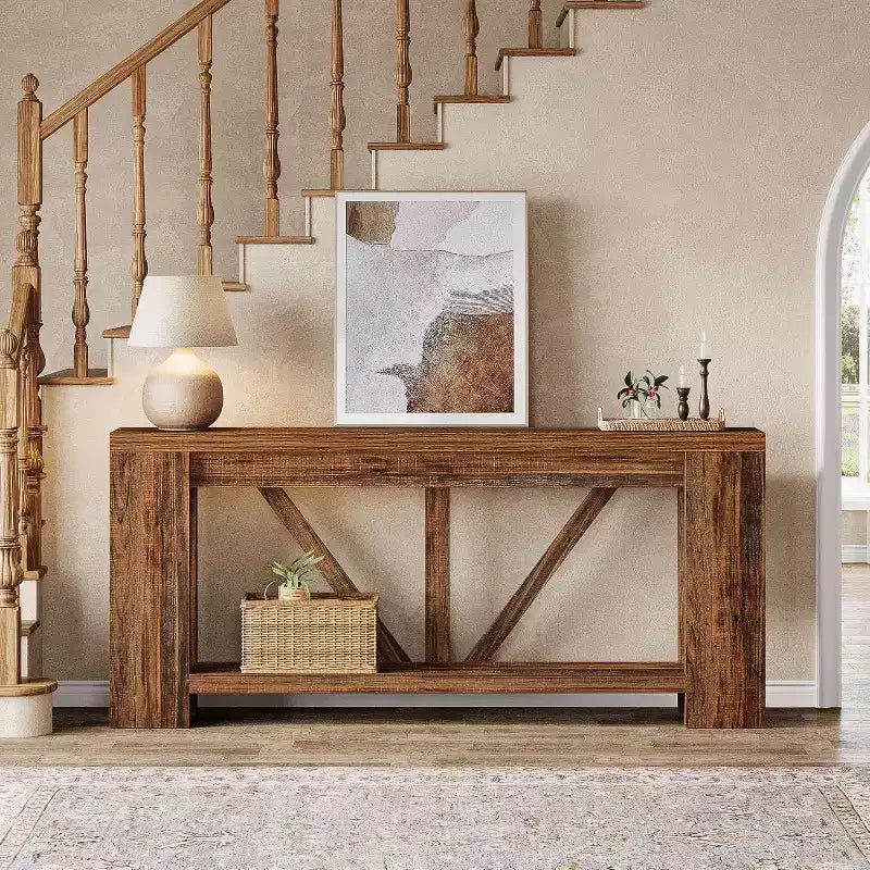 Mesa consola larga Lantine de 70.9 pulgadas, mesa de sofá de 2 niveles estilo rústico para detrás del sofá, consola de entrada grande con almacenamiento para pasillo, vestíbulo