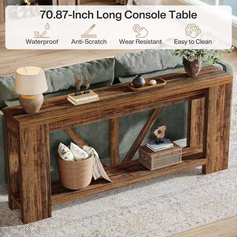 Mesa consola larga Lantine de 70.9 pulgadas, mesa de sofá de 2 niveles estilo rústico para detrás del sofá, consola de entrada grande con almacenamiento para pasillo, vestíbulo