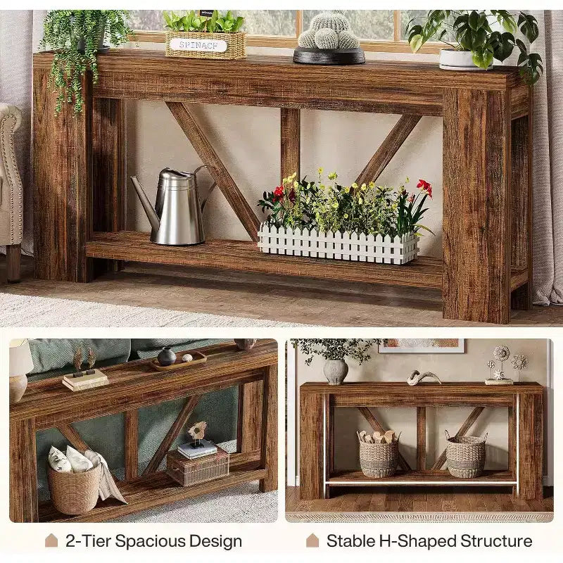 Mesa consola larga Lantine de 70.9 pulgadas, mesa de sofá de 2 niveles estilo rústico para detrás del sofá, consola de entrada grande con almacenamiento para pasillo, vestíbulo