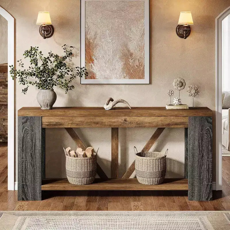 Mesa consola larga Lantine de 70.9 pulgadas, mesa de sofá de 2 niveles estilo rústico para detrás del sofá, consola de entrada grande con almacenamiento para pasillo, vestíbulo