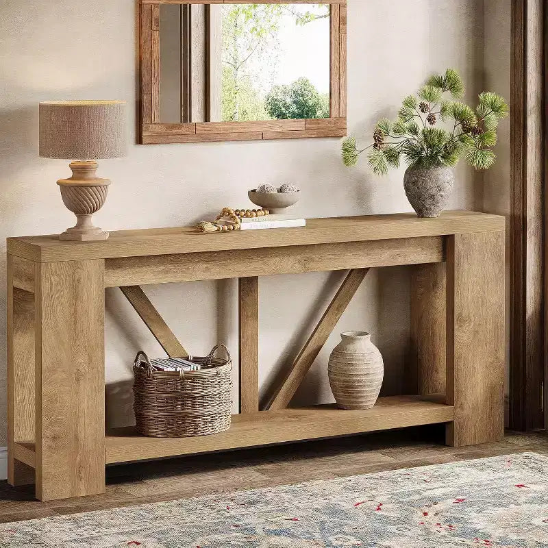 Mesa consola larga Lantine de 70.9 pulgadas, mesa de sofá de 2 niveles estilo rústico para detrás del sofá, consola de entrada grande con almacenamiento para pasillo, vestíbulo