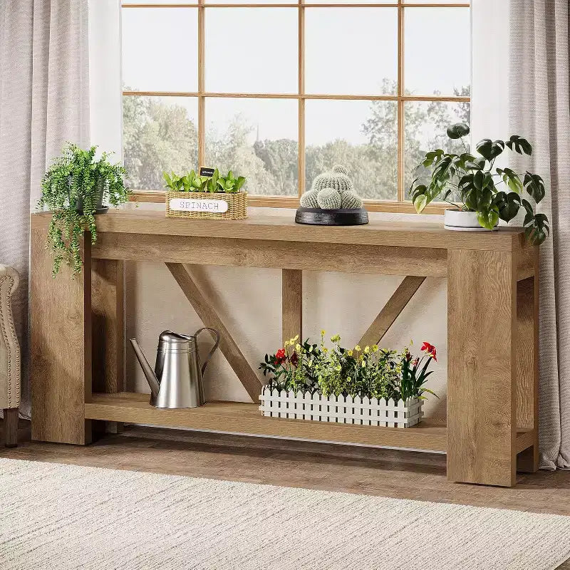 Mesa consola larga Lantine de 70.9 pulgadas, mesa de sofá de 2 niveles estilo rústico para detrás del sofá, consola de entrada grande con almacenamiento para pasillo, vestíbulo