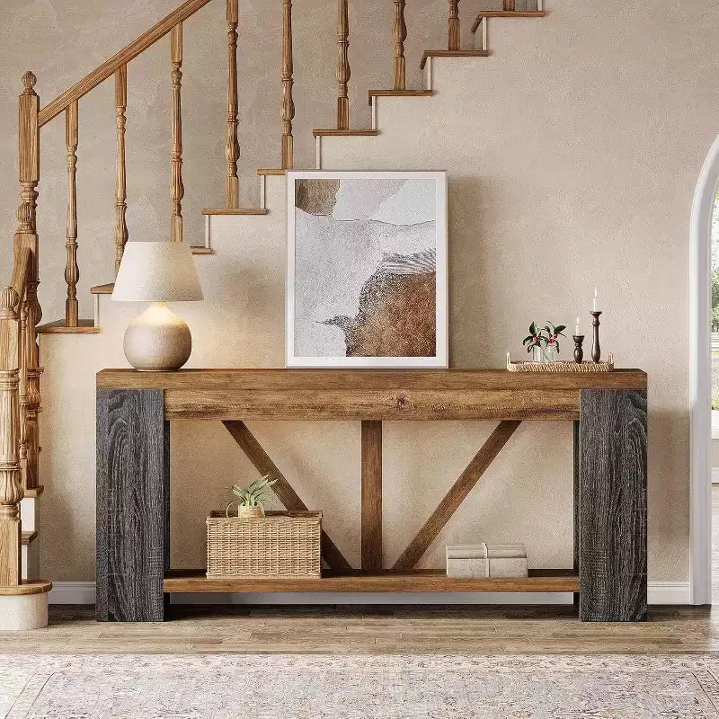Mesa consola larga Lantine de 70.9 pulgadas, mesa de sofá de 2 niveles estilo rústico para detrás del sofá, consola de entrada grande con almacenamiento para pasillo, vestíbulo