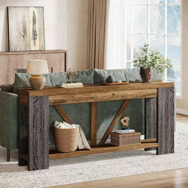 Mesa consola larga Lantine de 70.9 pulgadas, mesa de sofá de 2 niveles estilo rústico para detrás del sofá, consola de entrada grande con almacenamiento para pasillo, vestíbulo