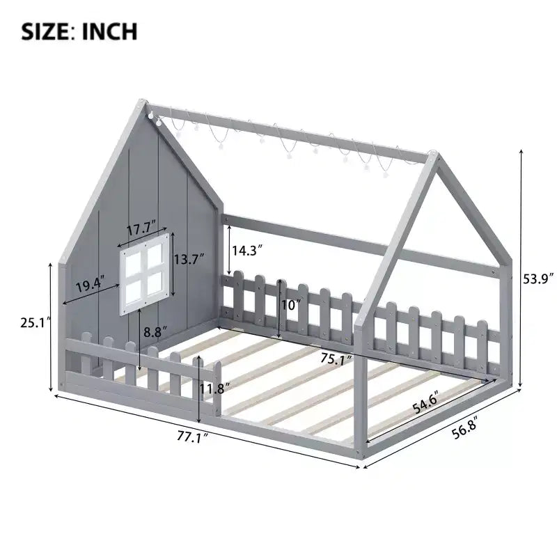 Cama de madera Whisen con forma de casa, tamaño completo, con ventana y valla