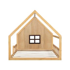 Cama de madera Whisen con forma de casa, tamaño completo, con ventana y valla