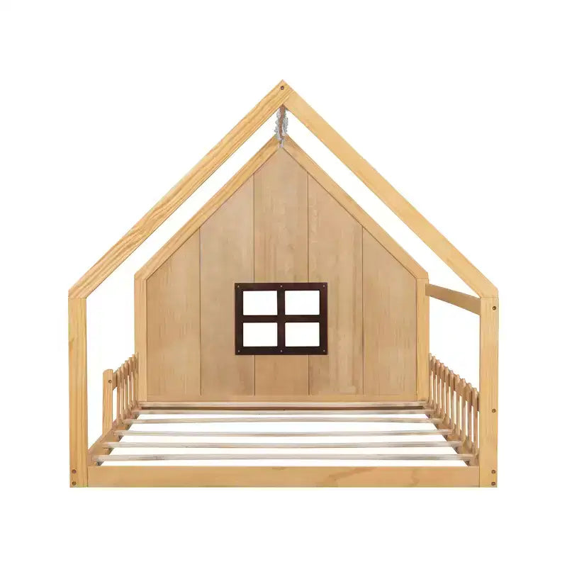 Cama de madera Whisen con forma de casa, tamaño completo, con ventana y valla