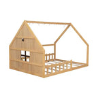 Cama de madera Whisen con forma de casa, tamaño completo, con ventana y valla